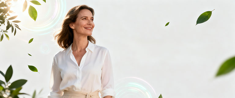 Happy woman smiling confidently, representing wellness and empowerment